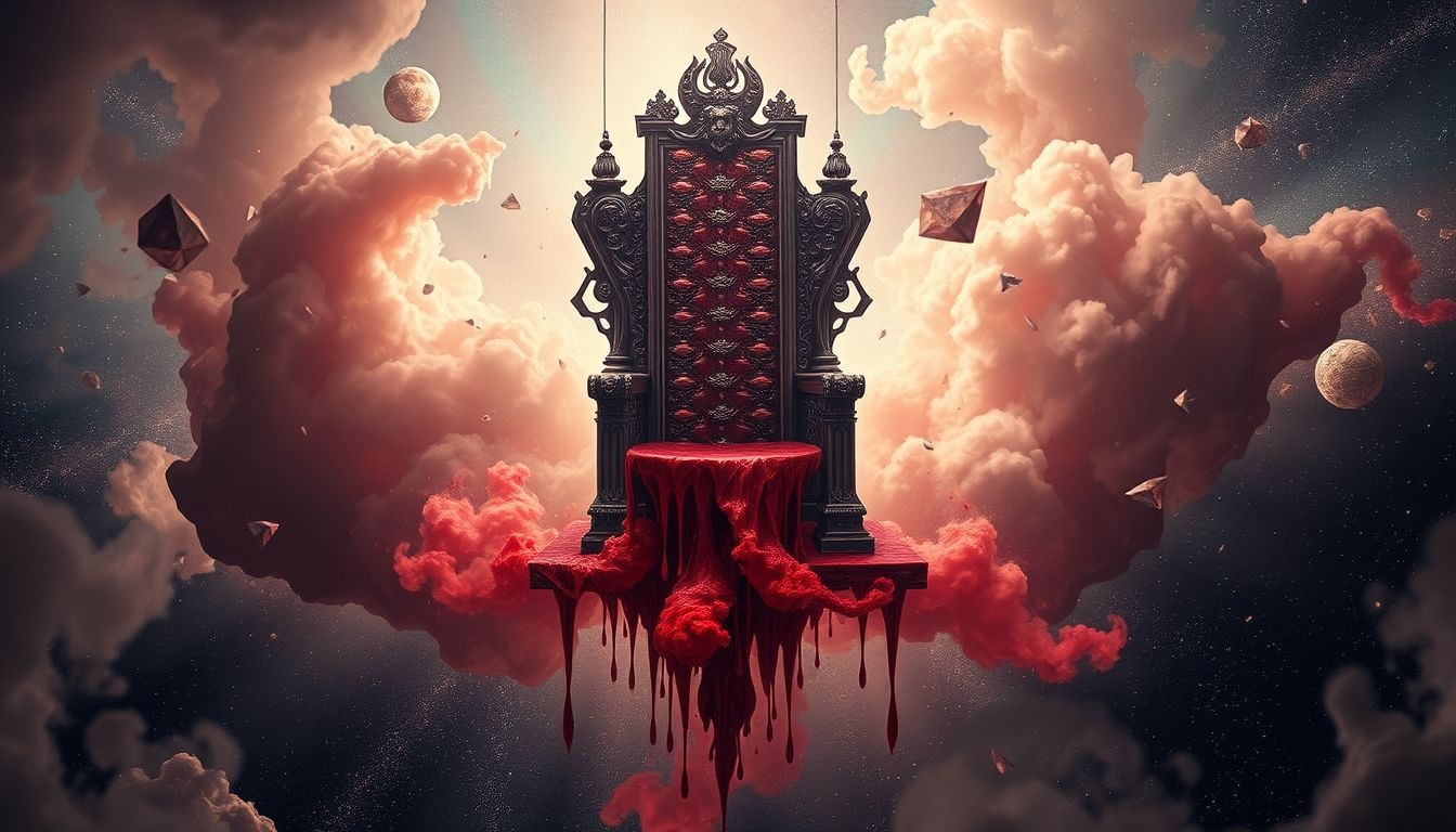 Tron pokryty krwią symbolizuje zdradę i utratę władzy.