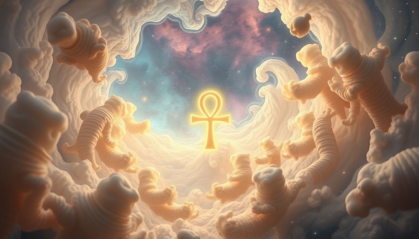 Ankh przy mumii symbolizuje życie po śmierci i ochronę.