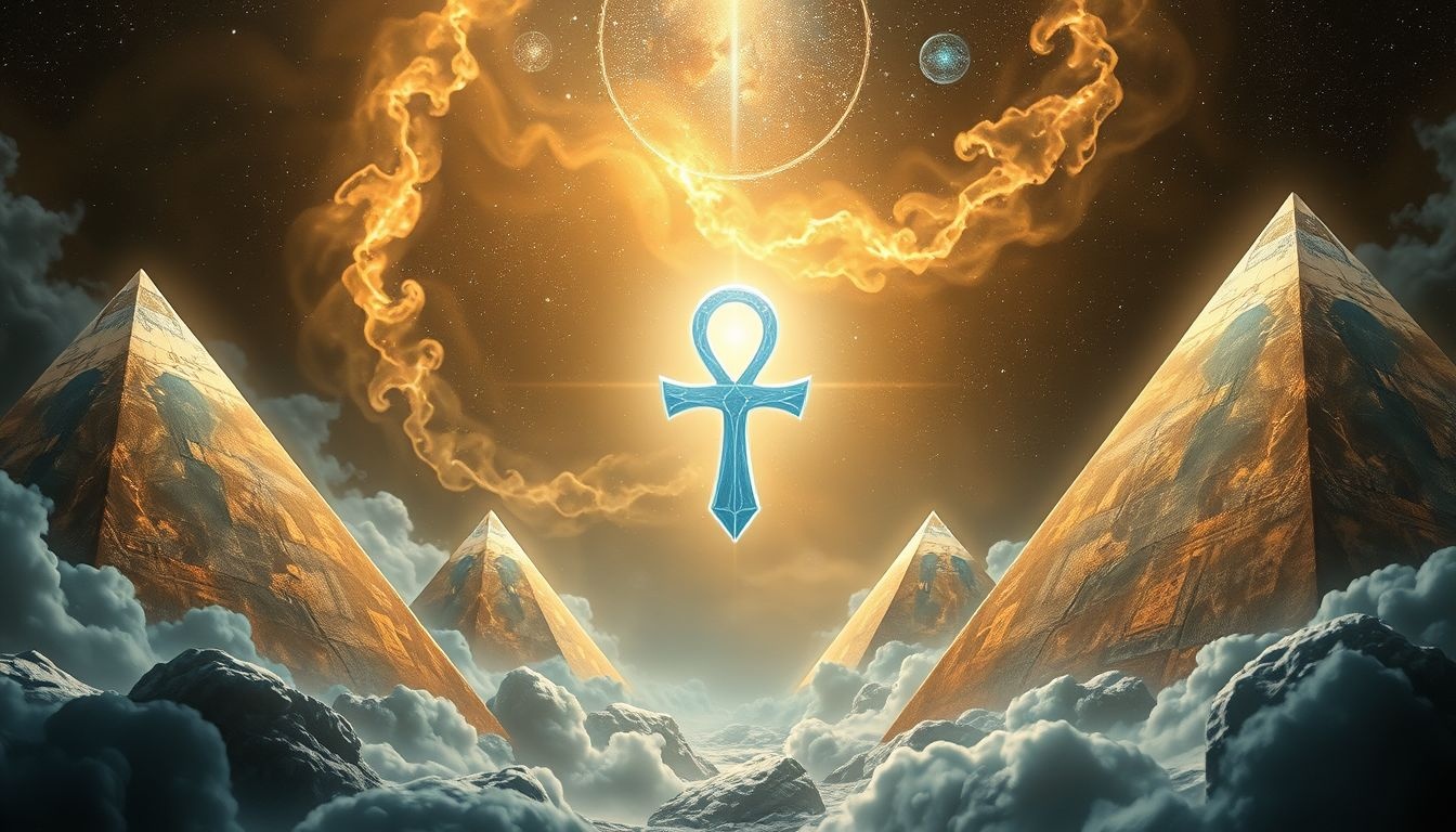 Ankh między piramidami symbolizuje życie i wieczność faraonów.