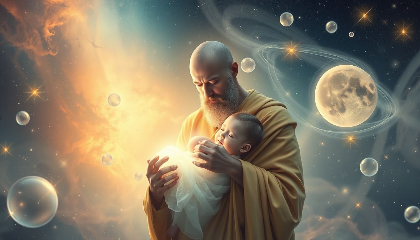 Mnich z dzieckiem symbolizuje niewinność i ochronę duchową.