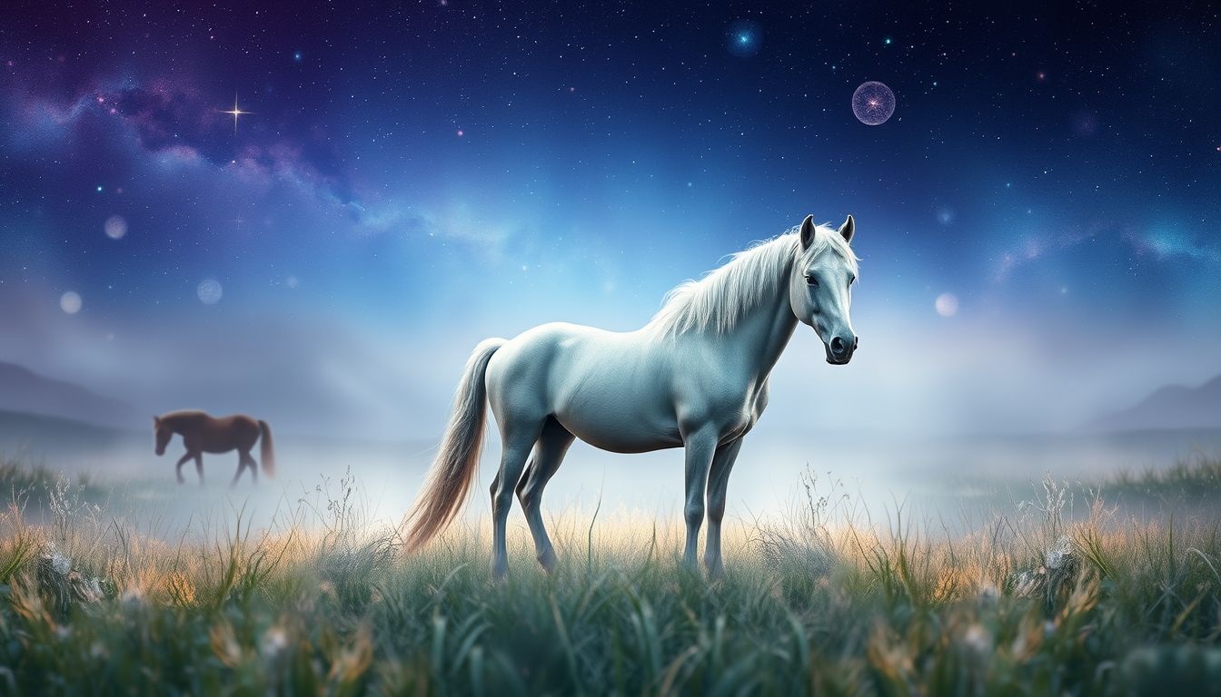 Mustang na łące symbolizuje wolność i harmonię z naturą.