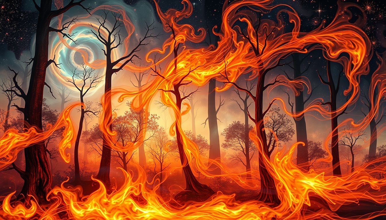 Pożar w naturze symbolizuje kontrolę nad pierwotnymi emocjami i instynktami.