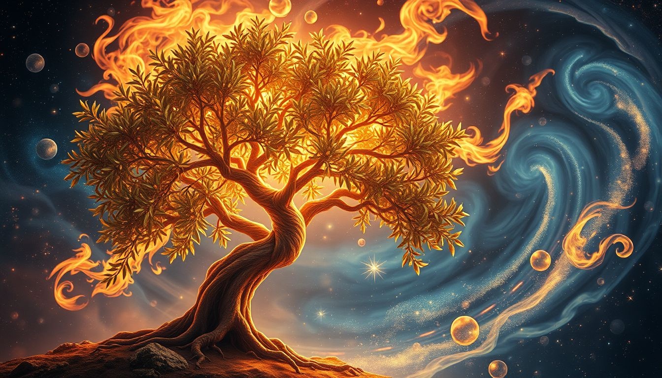 Drzewo oleiste płonące symbolizuje przemianę i oczyszczenie duchowe.