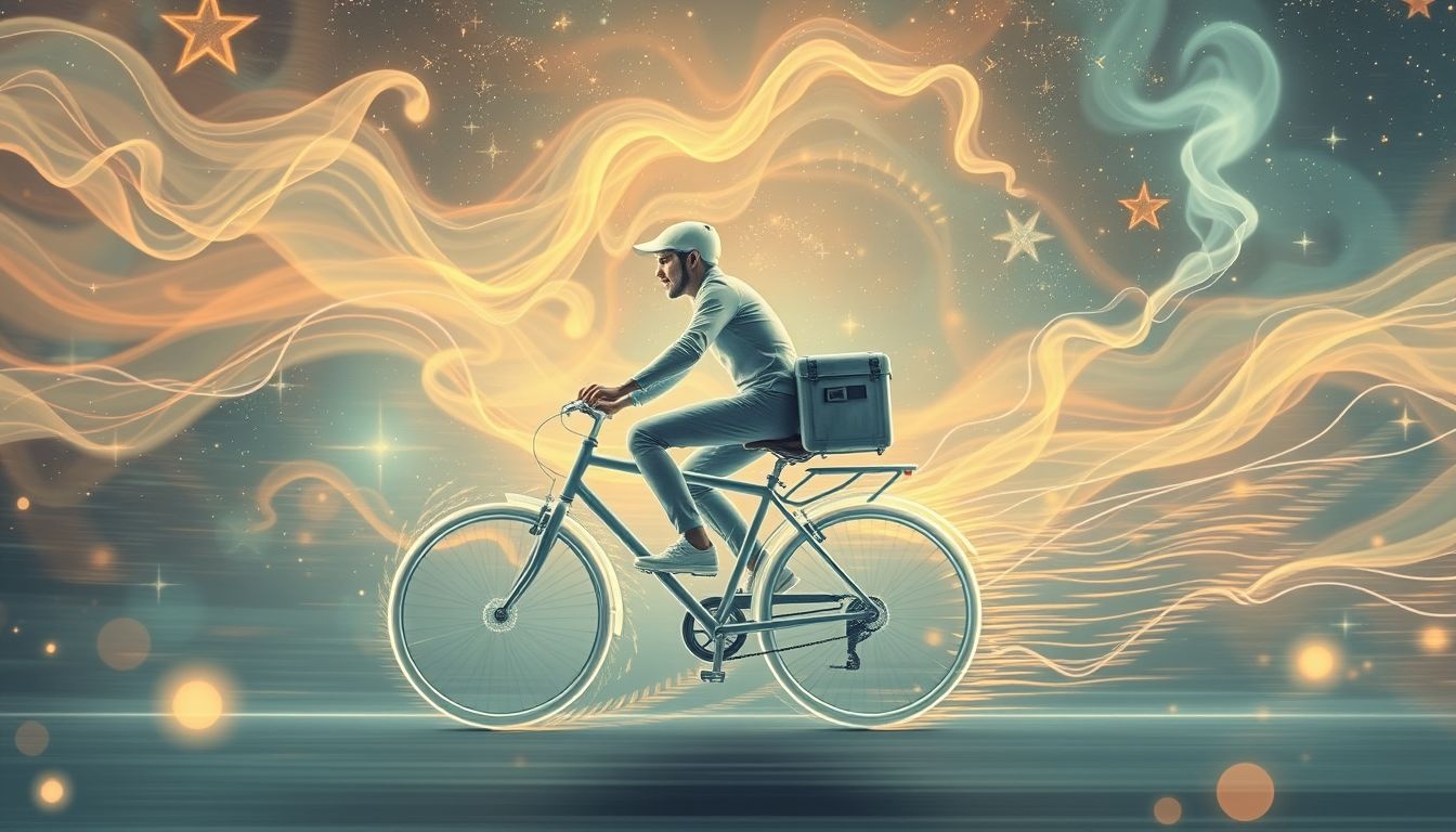 Listonosz na rowerze symbolizuje szybkie zmiany i życiowy pęd.