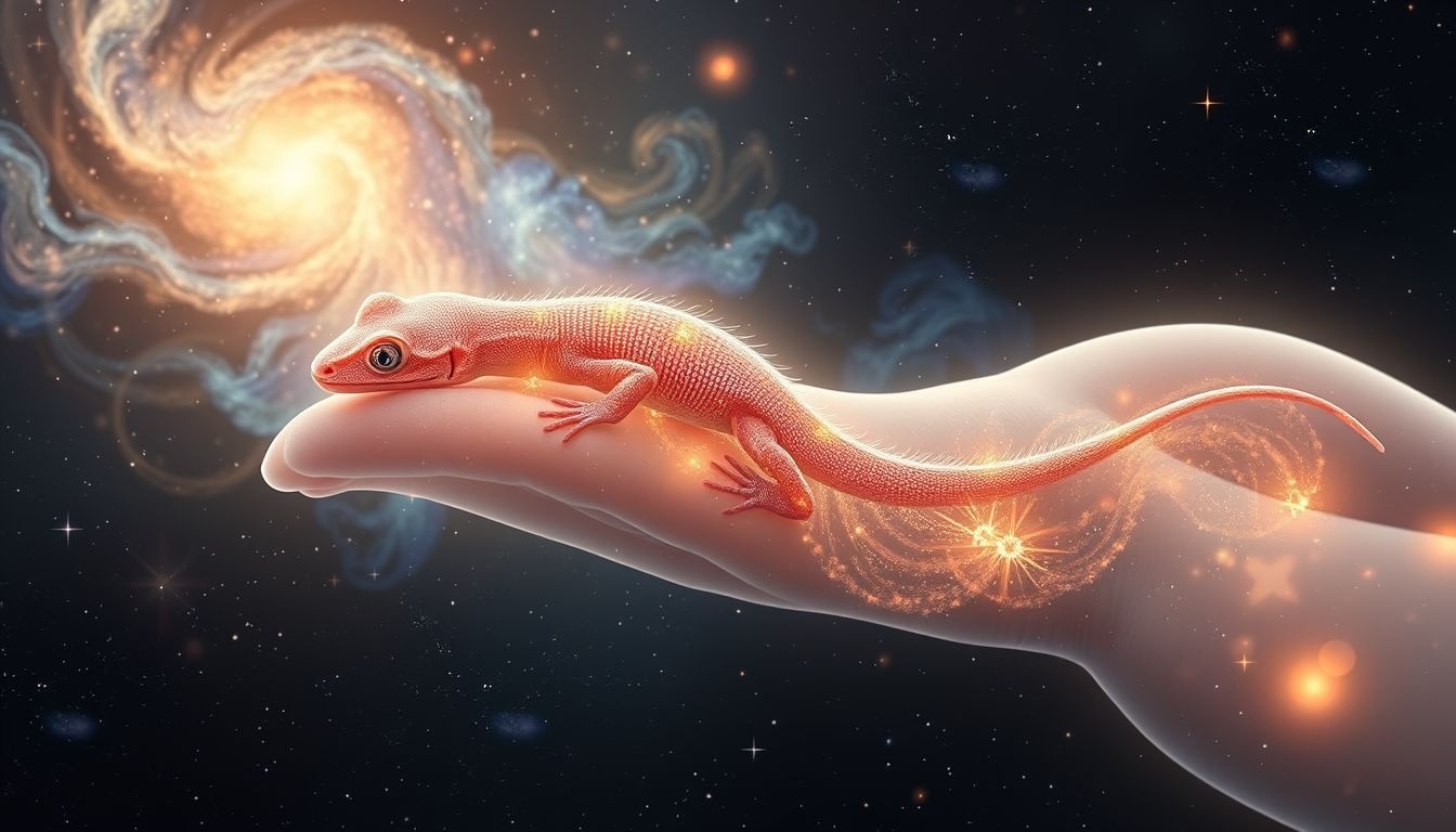 Salamandra na ciele symbolizuje przemianę i wewnętrzną siłę.