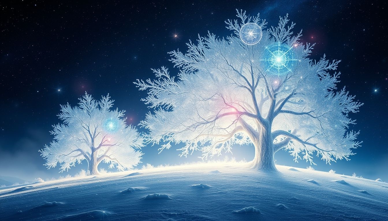 Stromy pokryte śniegiem symbolizują trudności i ukryte emocje.