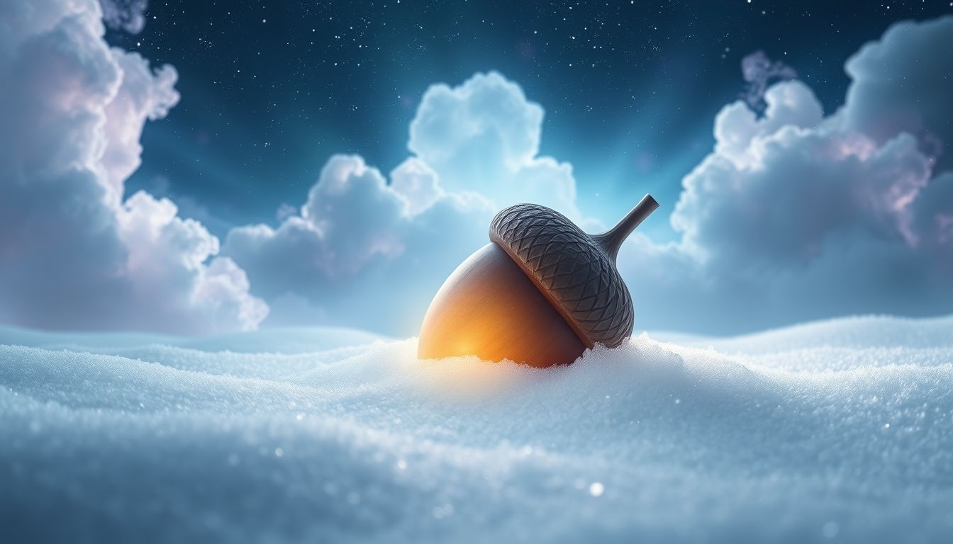 Żołądź pod śniegiem symbolizuje ukryty potencjał i oczekiwanie.
