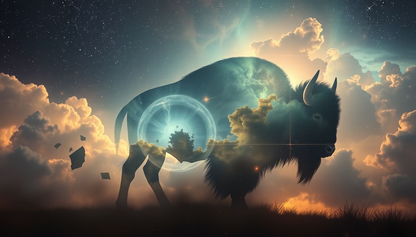Śmierć żubra symbolizuje koniec i duchową przemianę.