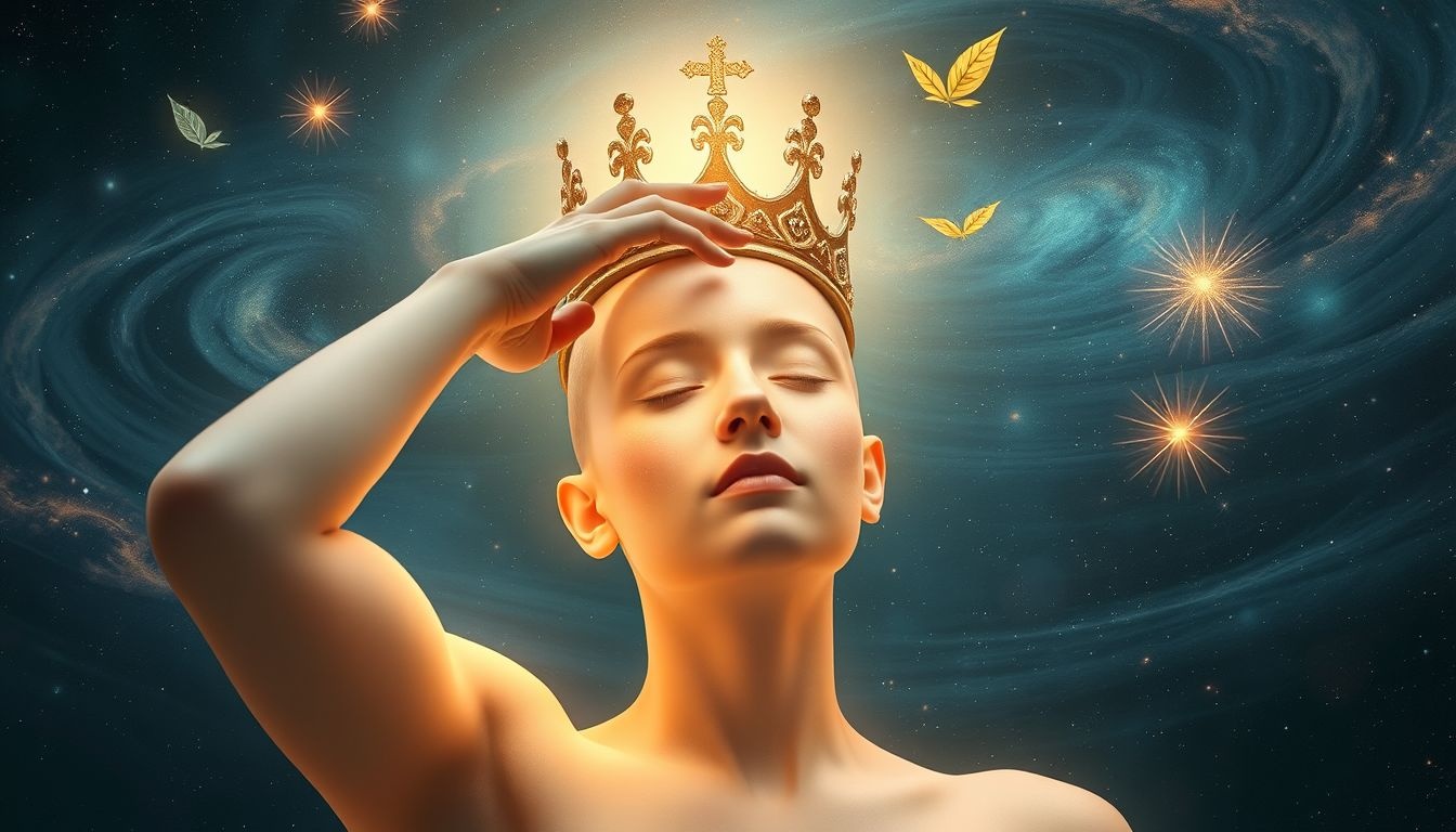 Wieńczenie siebie wieńcem symbolizuje spełnione ambicje i podniesione ego.