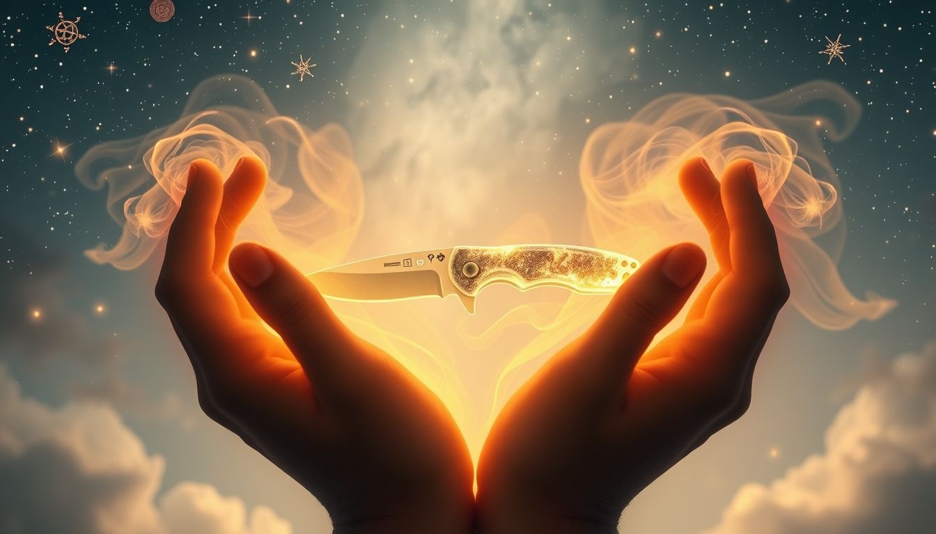 Nóż składany w czyichś rękach symbolizuje ukryte zagrożenie lub zdradę.
