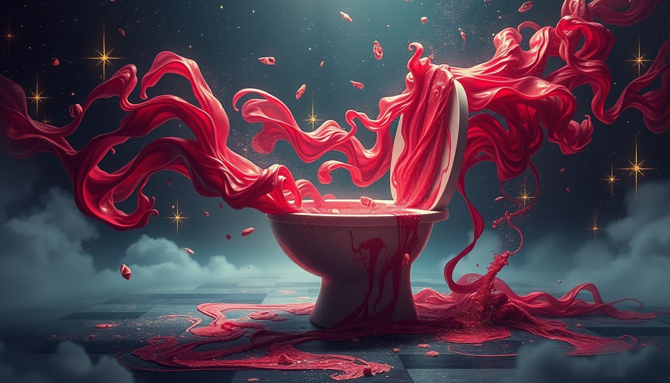 Brudna toaleta ze śladami krwi symbolizuje ukryte emocjonalne konflikty.