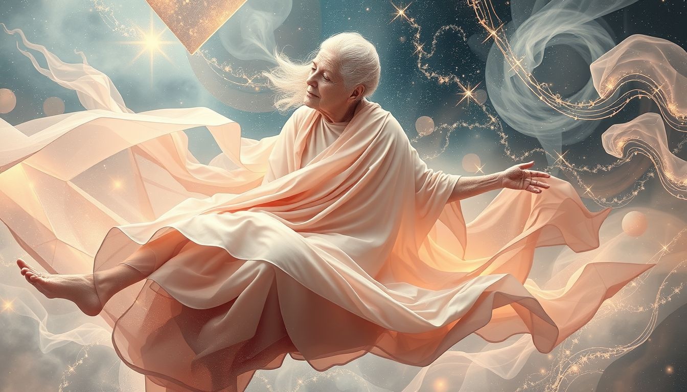 Stara kobieta symbolizuje mądrość w dynamicznym, nowoczesnym środowisku.
