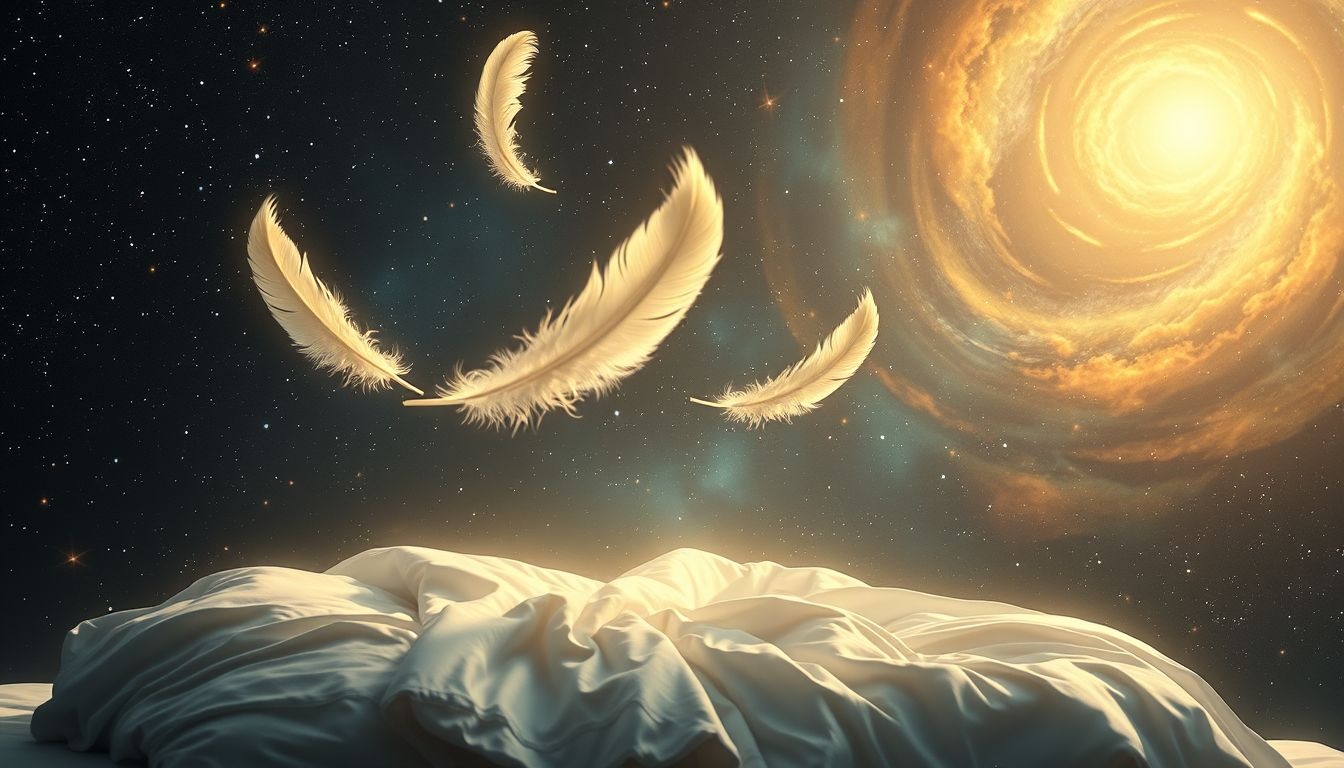 Pióra nad łóżkiem symbolizują lekkość i duchową wolność snu.