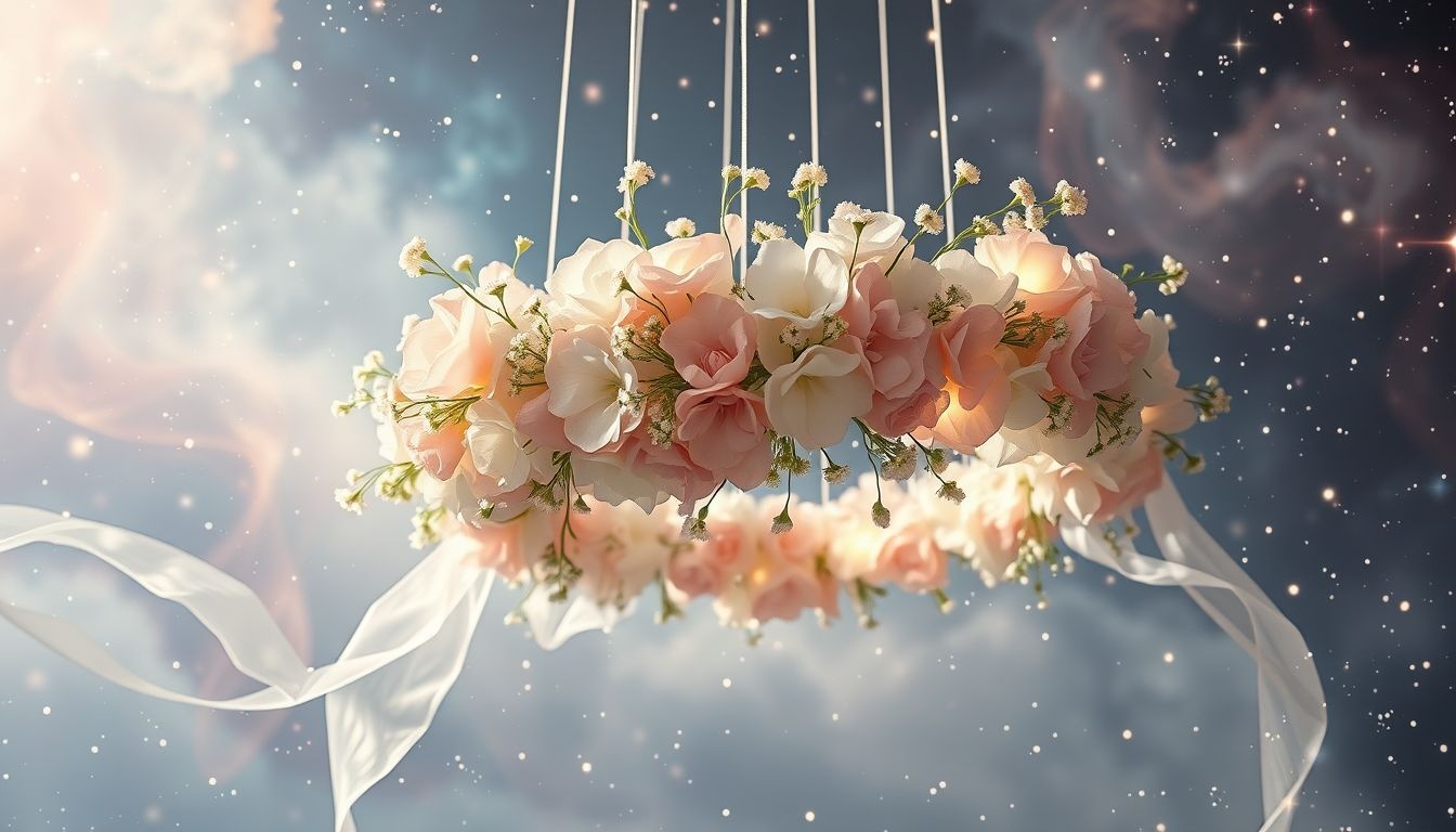 Białe kwiaty w wieńcu ślubnym symbolizują czystość i nowe początki.