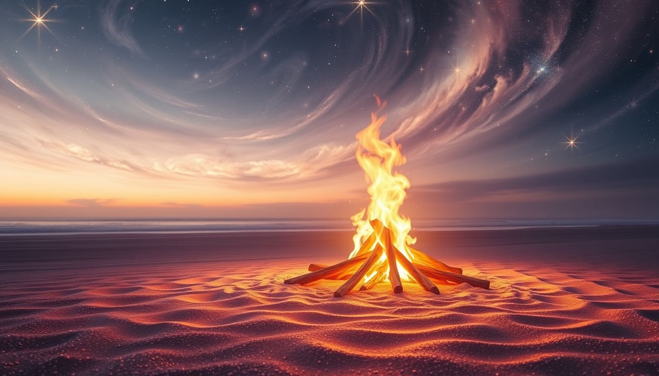 Rozpalanie ognia na plaży symbolizuje oczyszczenie i nowy początek.
