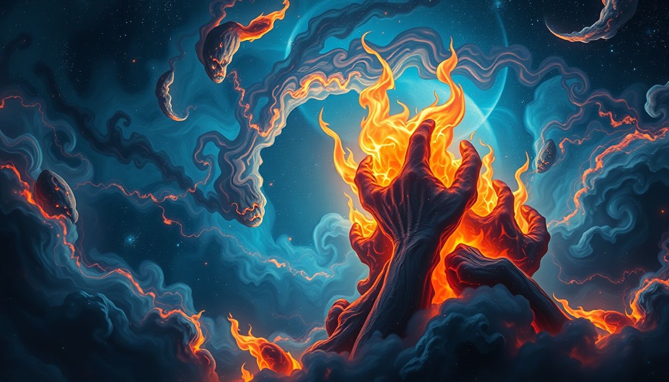 Rozpalanie ognia w piekle symbolizuje wewnętrzny strach i pokutę.