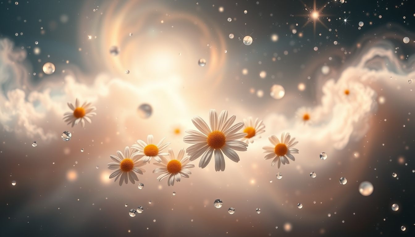 Rumianek w deszczu symbolizuje oczyszczenie emocjonalne i spokój.