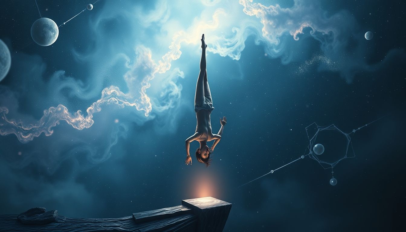 Stanie na głowie na krawędzi symbolizuje ryzyko i odwagę.