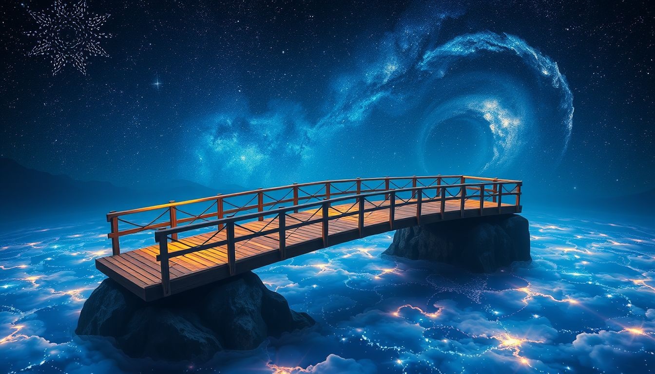 Drewniany most symbolizuje przejście między starym a nowym etapem.