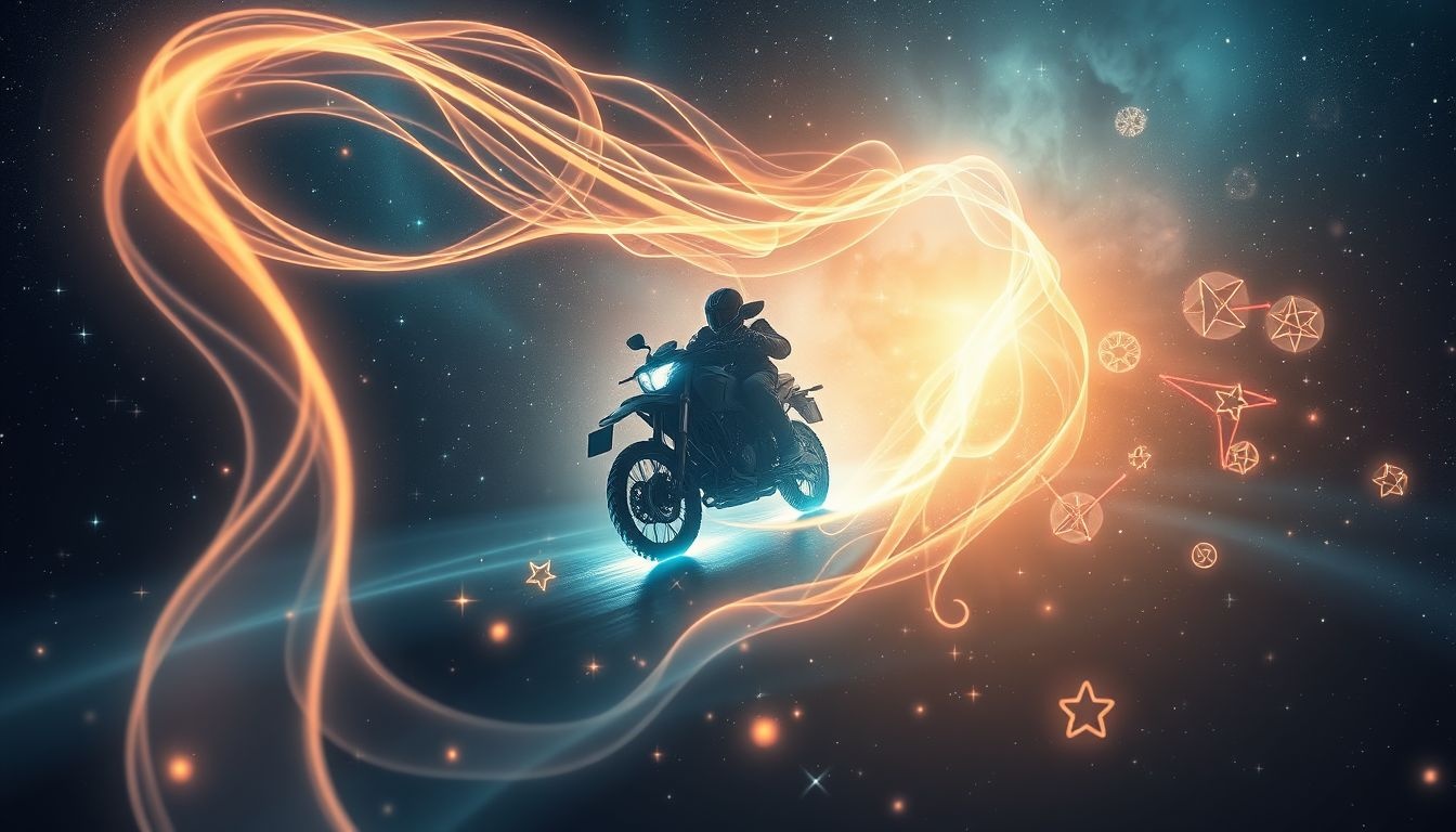 Jazda motocyklem po nieznanej drodze symbolizuje życiowe wyzwania i odwagę.