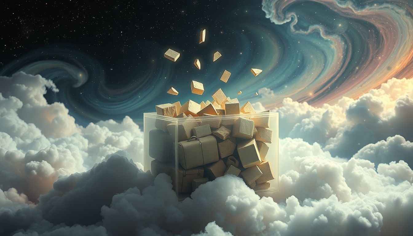 Skrzynka pełna zbędnych przedmiotów symbolizuje psychiczny ciężar i blokady.