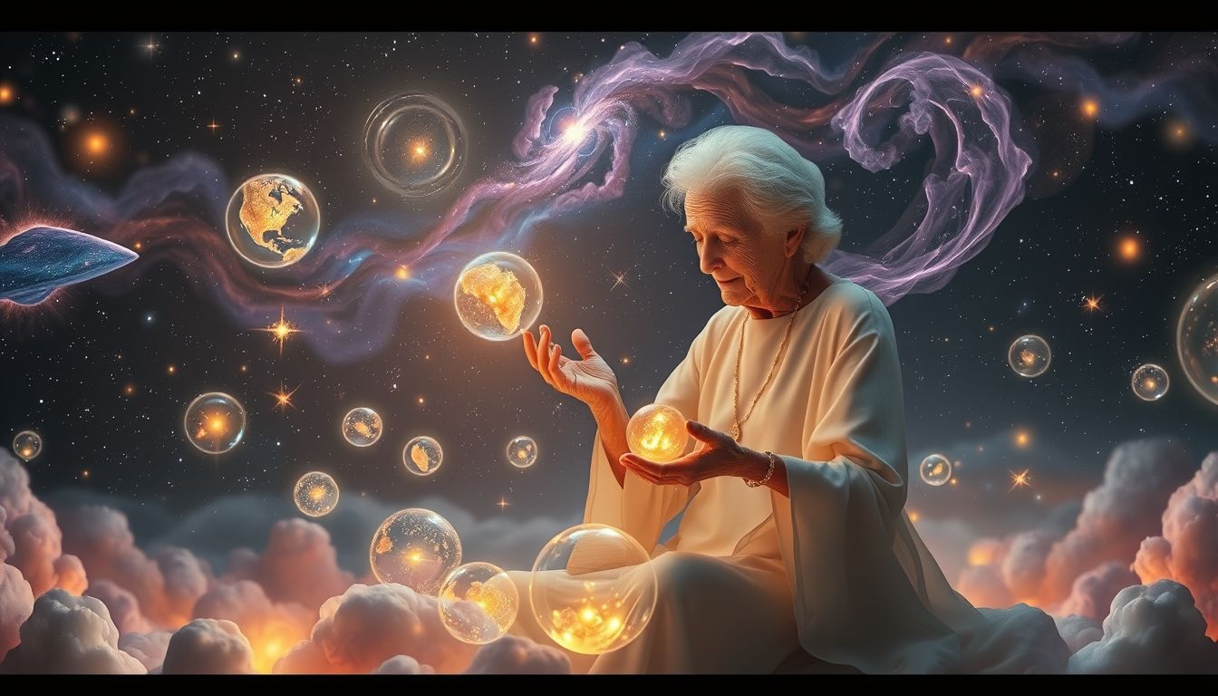 Starsza sprzątaczka symbolizuje porządkowanie życiowych doświadczeń i mądrość.