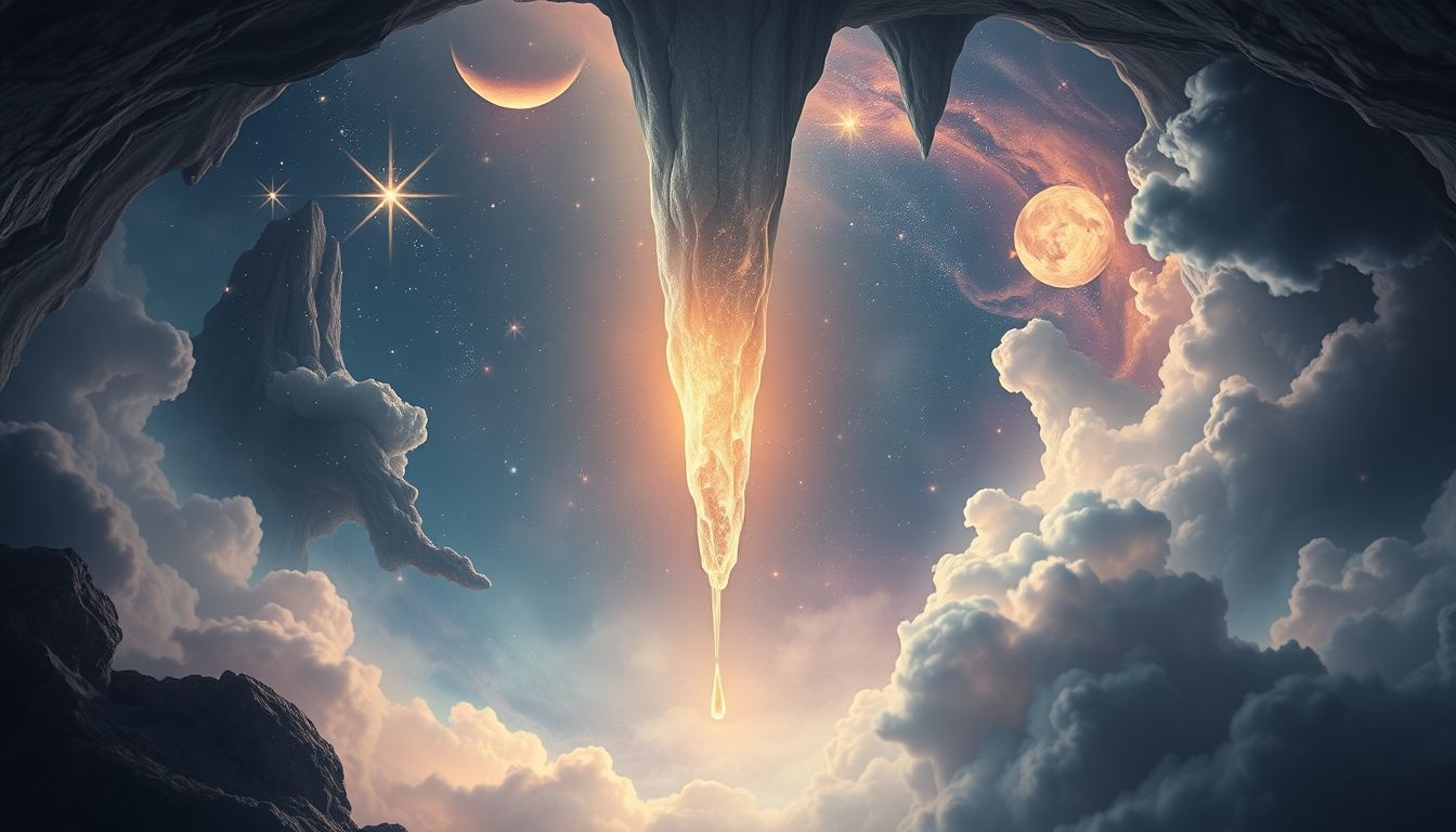 Spadający stalagmit symbolizuje nagłe zmiany i utratę stabilności.
