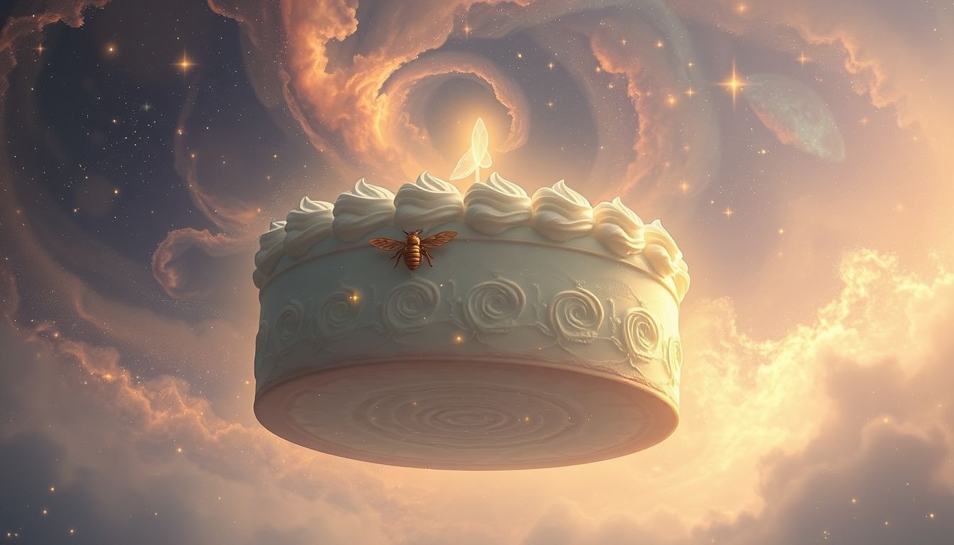 Duży tort z użądleniem pszczoły symbolizuje słodką, lecz bolesną lekcję.