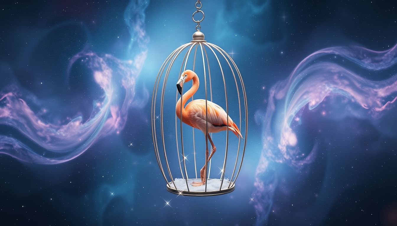 Flaming w klatce symbolizuje uwięzienie emocji i pragnień wolności.