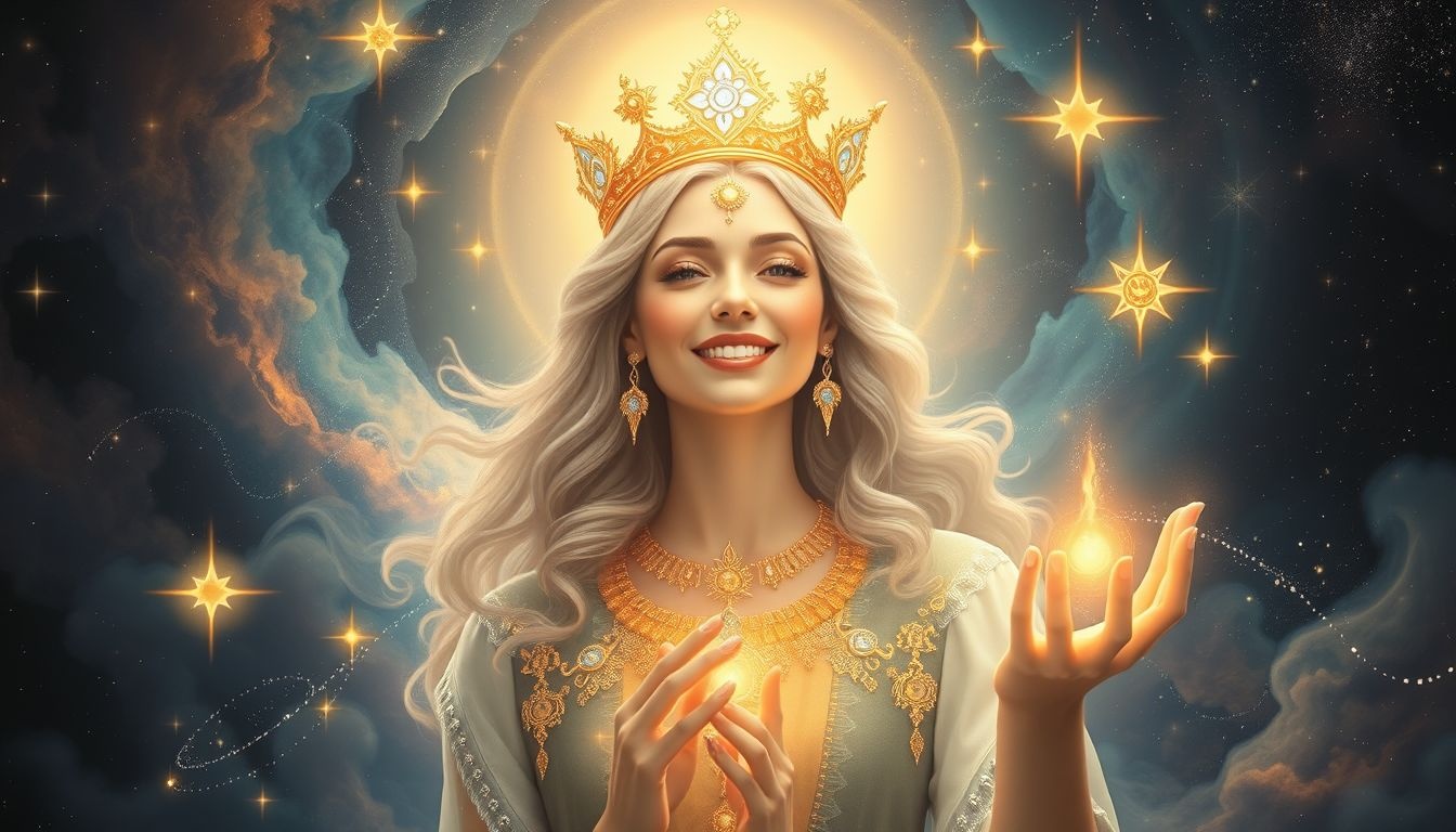 Królowa uśmiechnięta symbolizuje sukces, akceptację i harmonię życia.