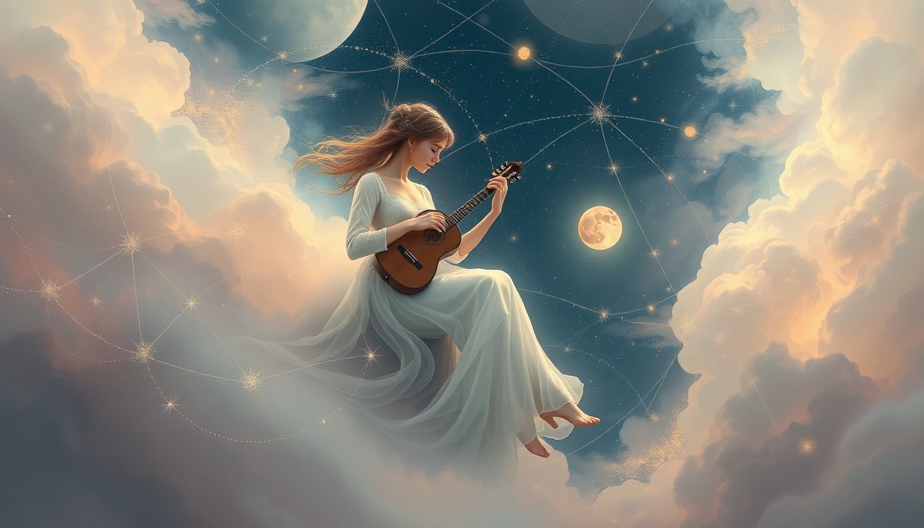 Dama dworu grająca symbolizuje harmonię i artystyczną inspirację snu.