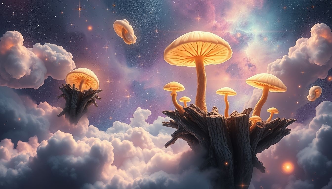 Grzyby na pniach symbolizują rozkład i odradzające się życie.