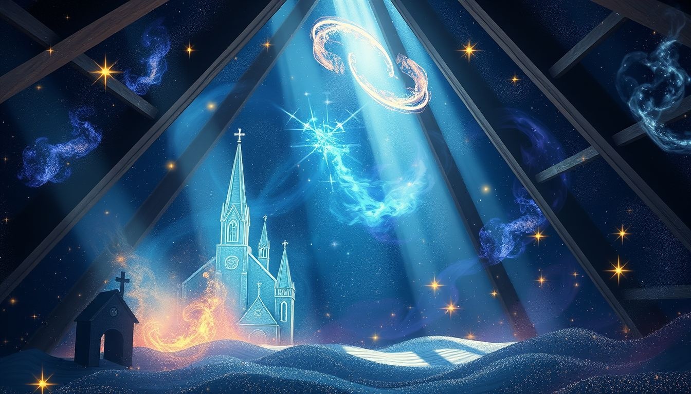 Strych z kościołem symbolizuje duchowe poszukiwania i oczyszczenie.