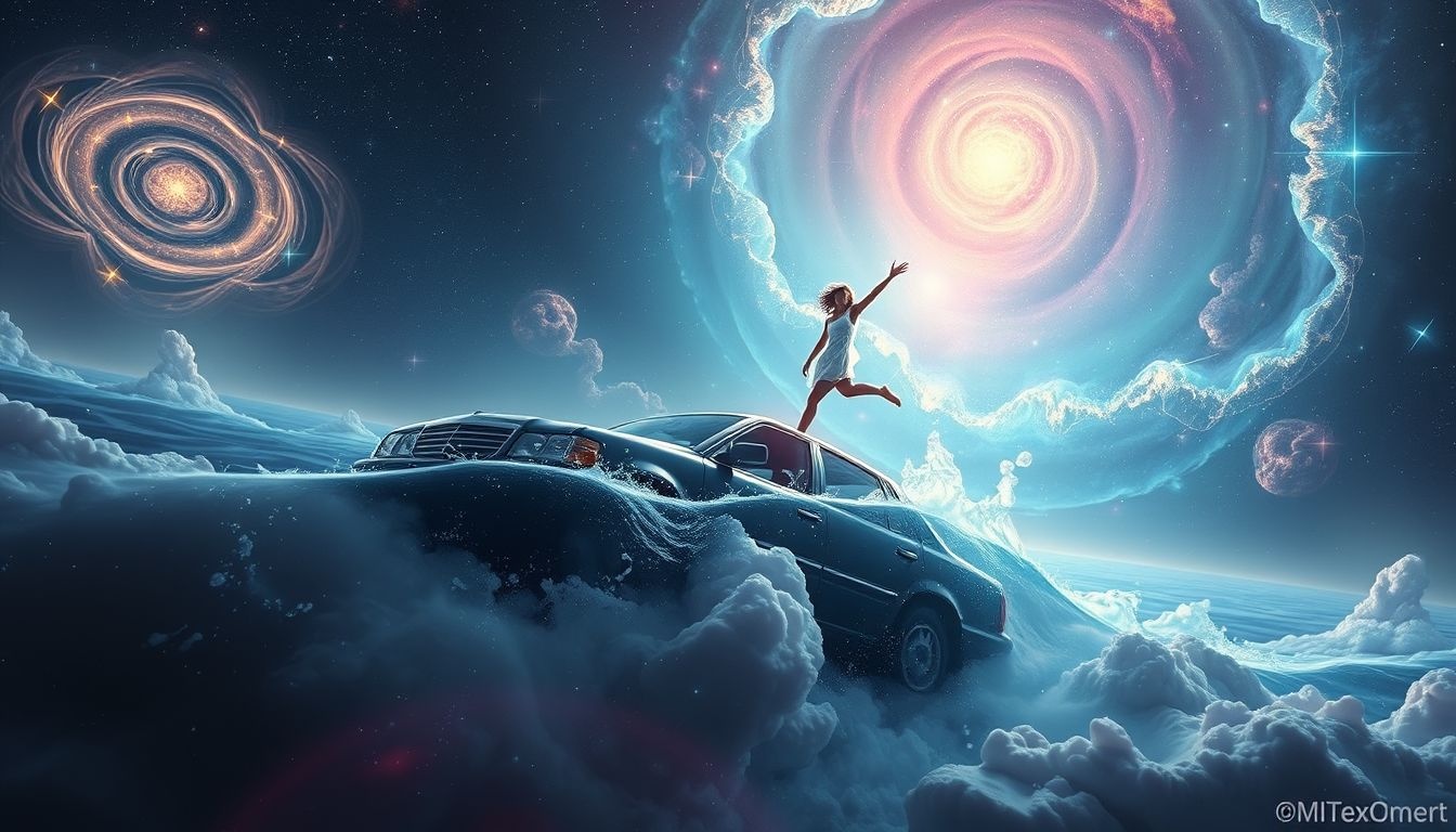 Tonący samochód symbolizuje pokonywanie życiowych przeszkód i wolność.