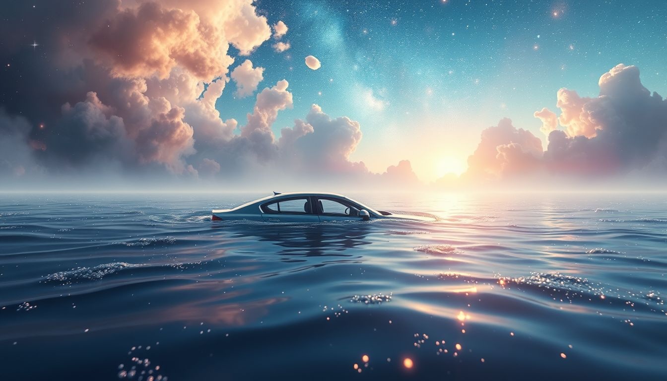 Tonący samochód symbolizuje realne życiowe trudności i wyzwania.