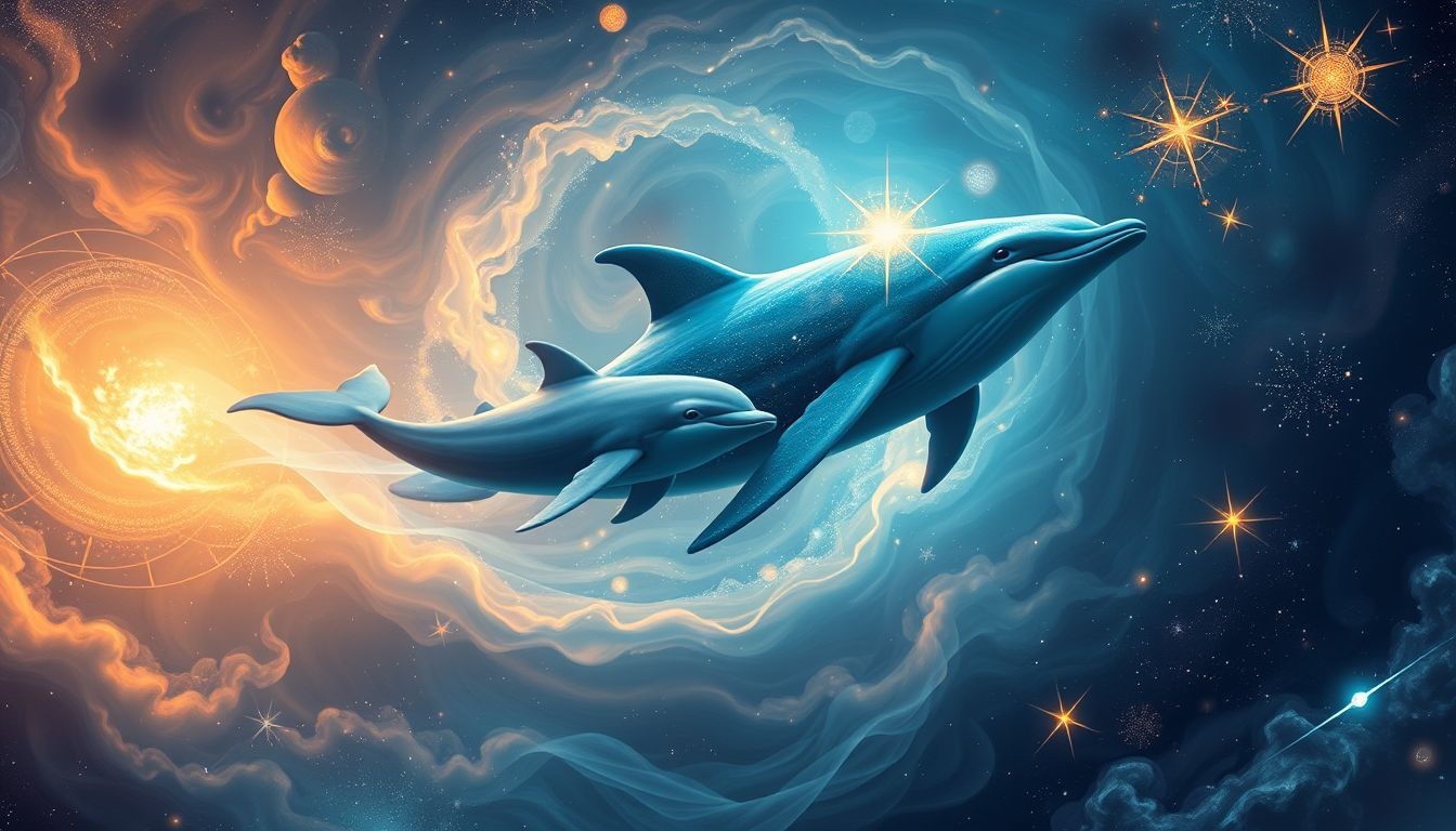 Delfin i wieloryb symbolizują harmonię między siłą a mądrością.