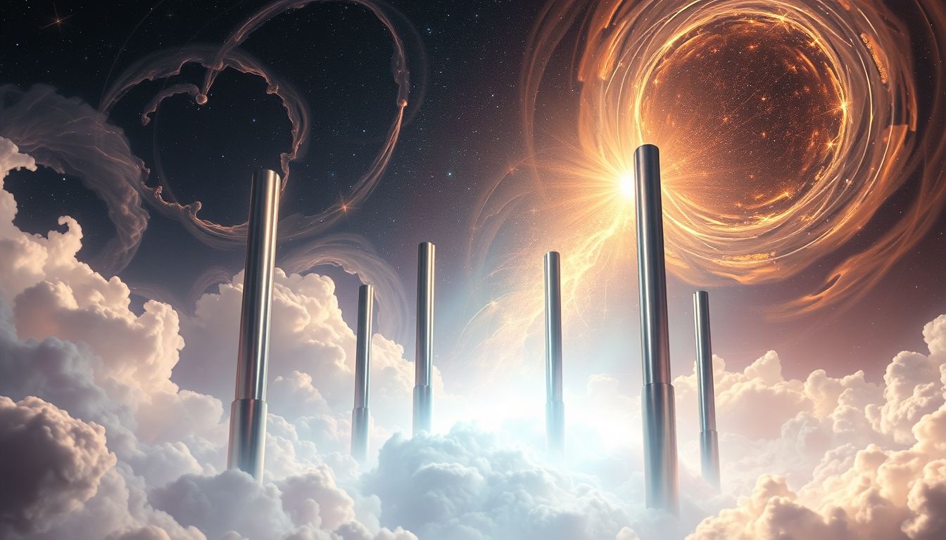 Metalowy filar symbolizuje trwałość i nowoczesną siłę.