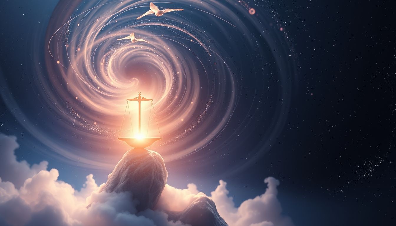 Wznosząca się waga symbolizuje równowagę i nadchodzące decyzje.