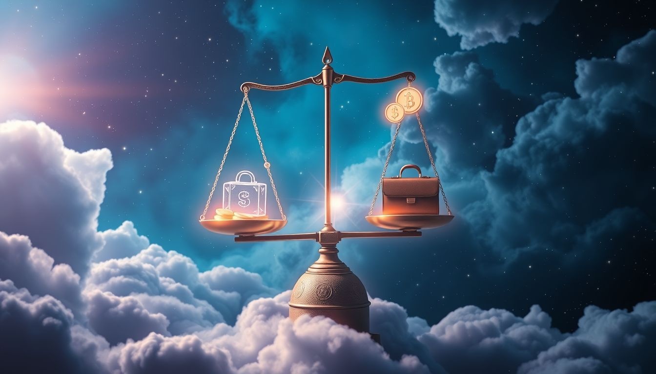 Szalka wagi symbolizuje równowagę między karierą a finansami.