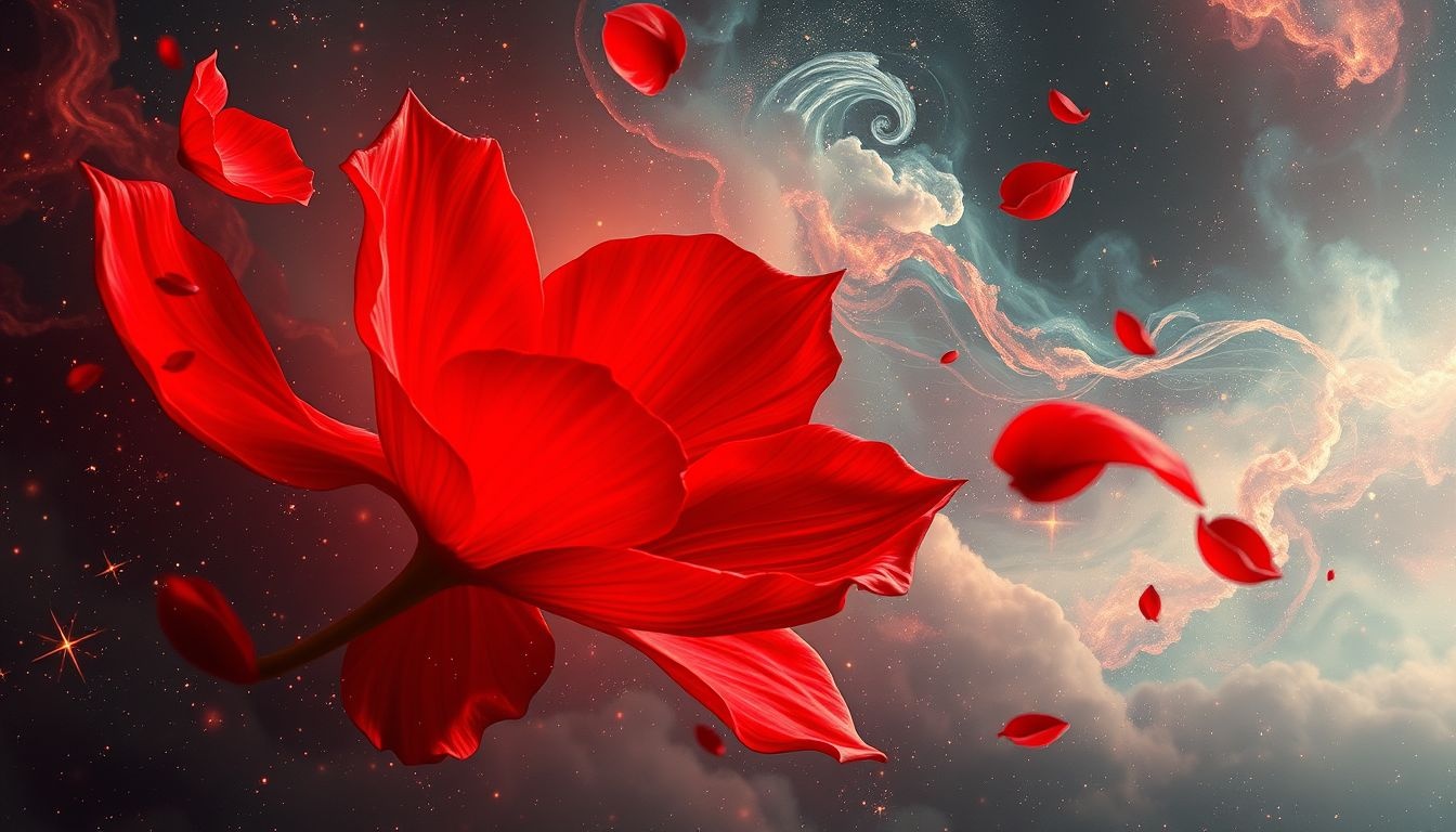 Czerwone płatki symbolizują namiętność, miłość i ukryty gniew.