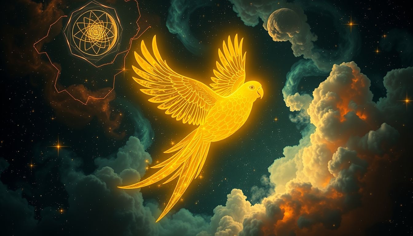 Papuga żółta symbolizuje radość, optymizm i bystry umysł.