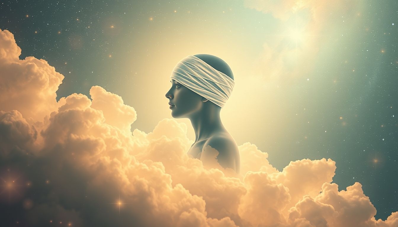 Bandaż na głowie symbolizuje wewnętrzne leczenie podczas snu.