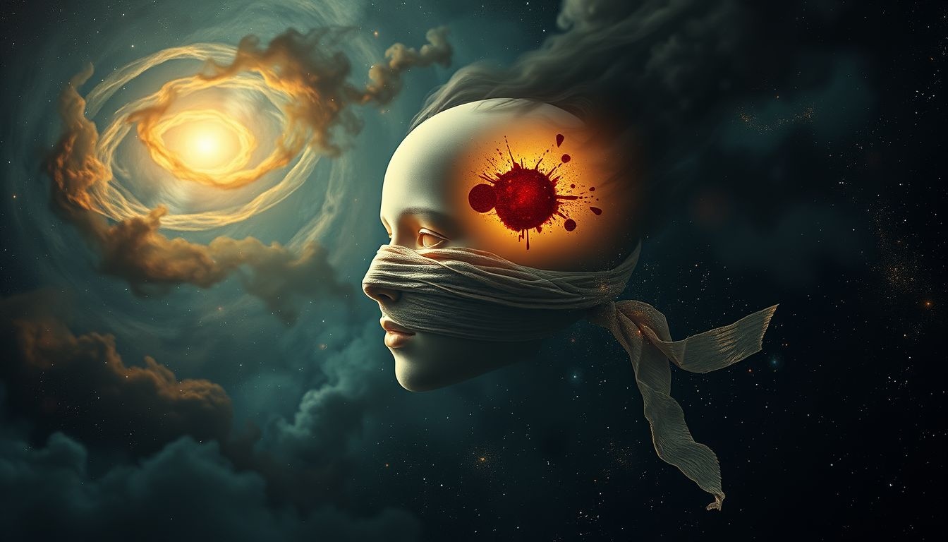 Brudny bandaż na głowie symbolizuje wewnętrzne skażenie i winę.