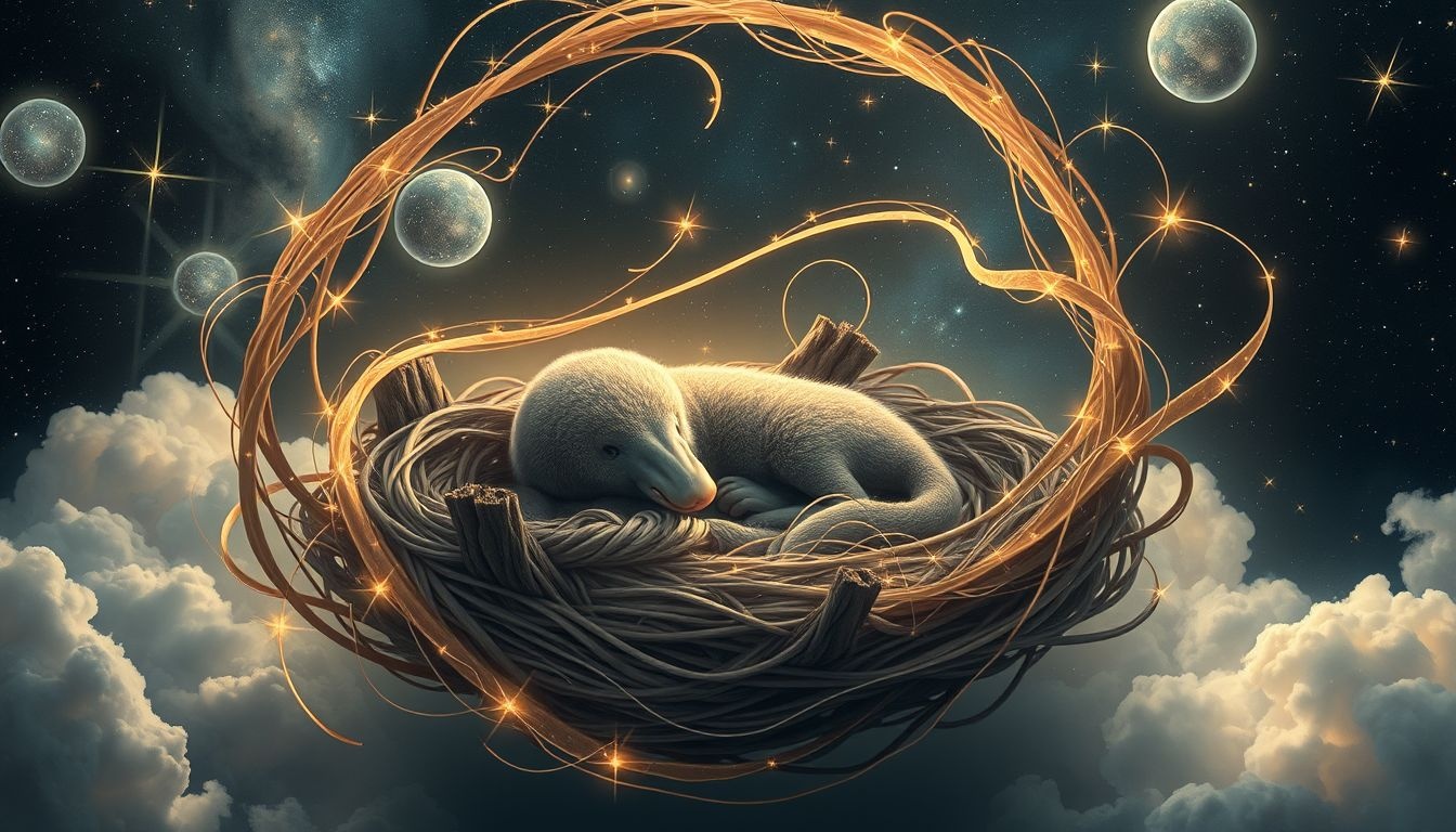 Dziobak w gnieździe symbolizuje ochronę i harmonię rodzinną.
