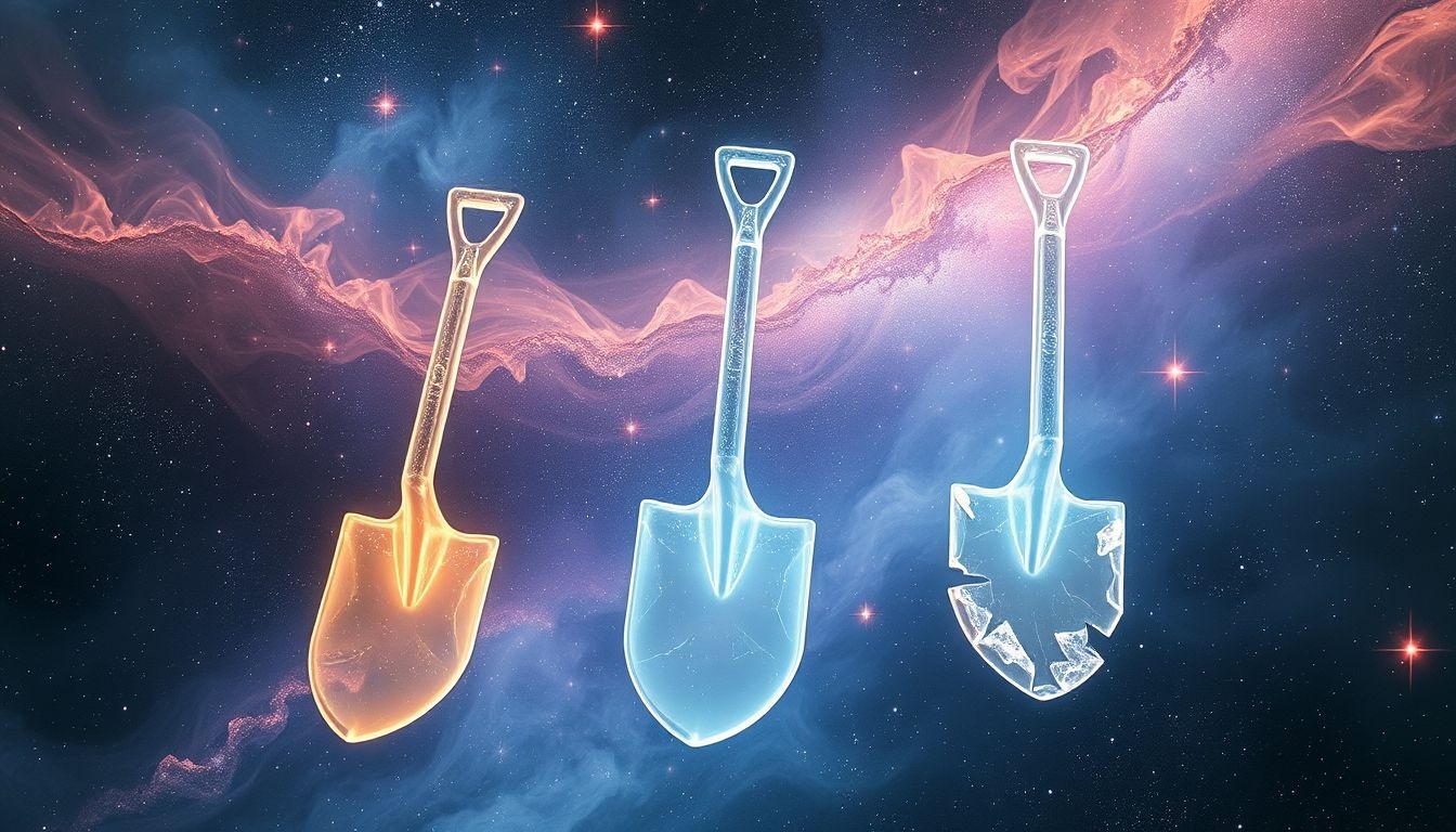 Nowy szpadel symbolizuje nowe możliwości, stary - doświadczenie, zepsuty - przeszkody.
