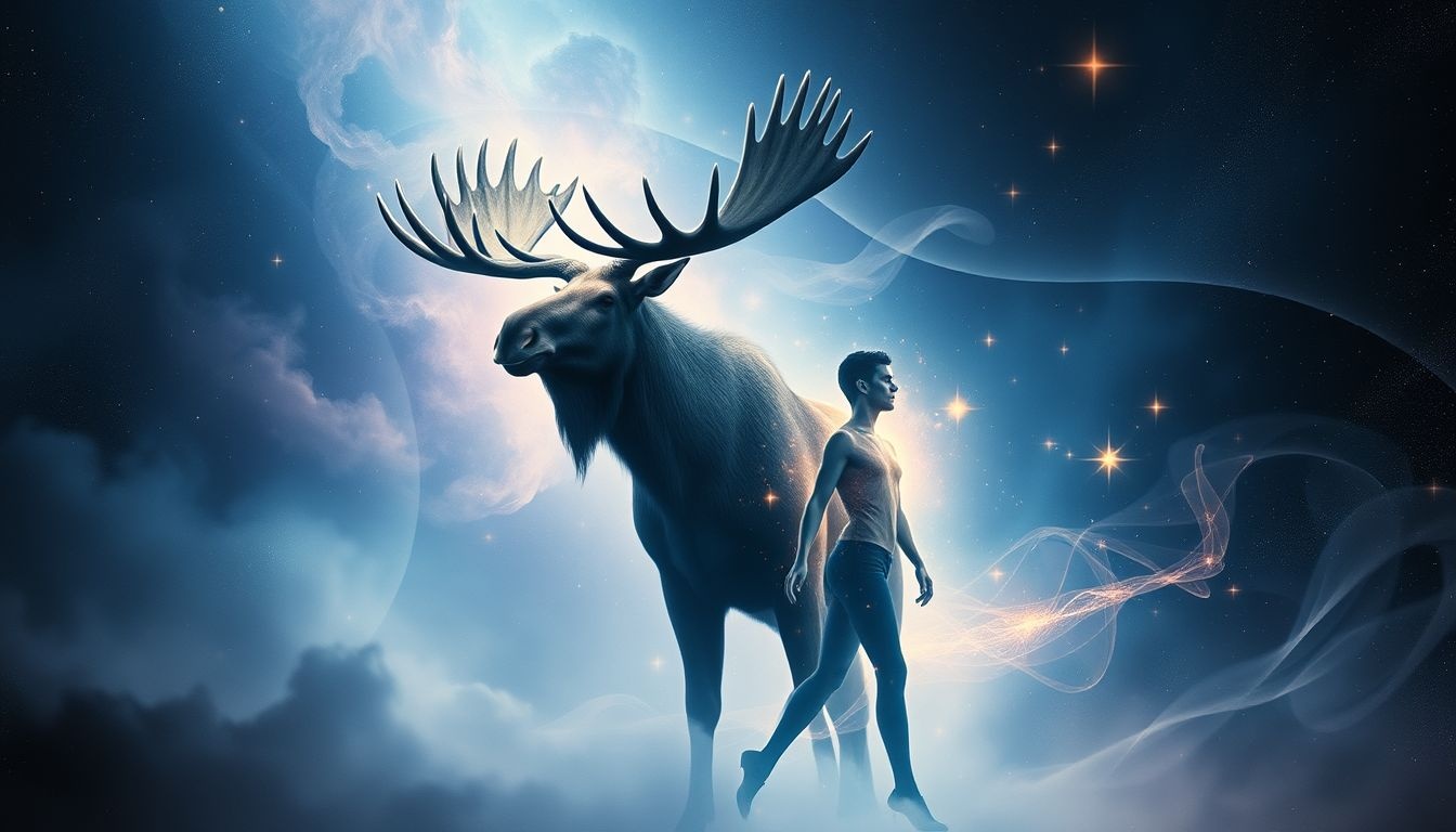 Łoś zmieniający się w człowieka symbolizuje wewnętrzną przemianę i siłę.