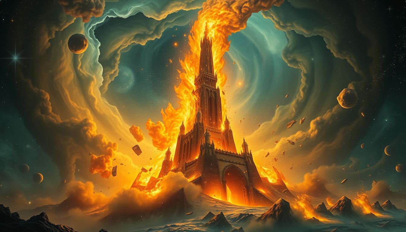 Ogień w wieży symbolizuje zarówno oczyszczenie, jak i zniszczenie.