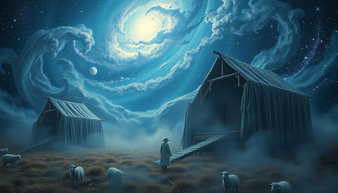 Opuszczona owczarnia symbolizuje zapomnienie dawnych tradycji i wartości.