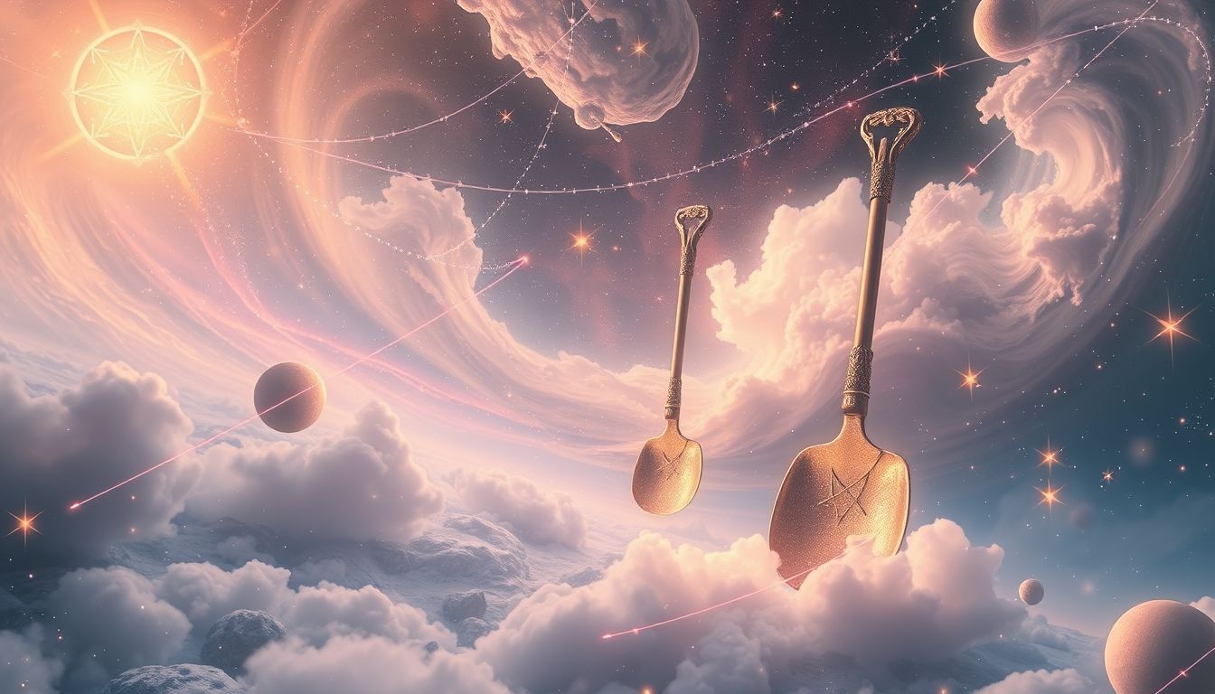 Szpadel symbolizuje duchowe odkopywanie prawdy i wewnętrznego sensu.