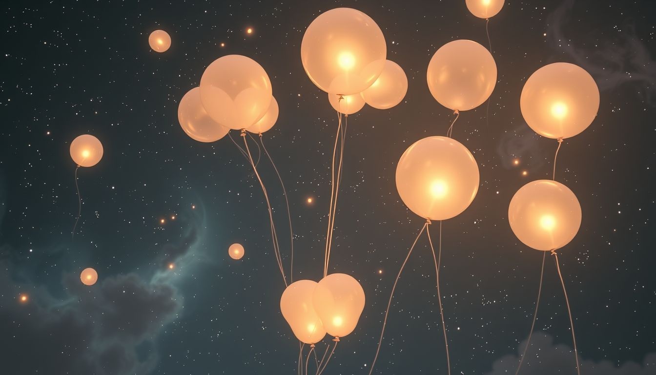Wiązka balonów symbolizuje wolność i uniesienie w snach.